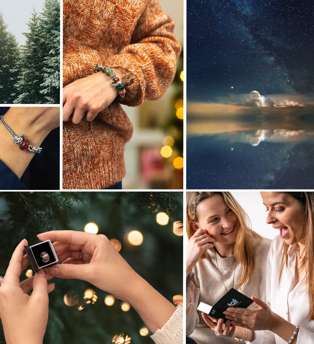 moodboard collage of christmas trees, Trollbeads jewellery gifts in boxes and winter nature